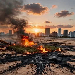 unreal engine fallout far cry style natural disasters weed plantation burning post apocalyptic adrenaline anger oil black tar landscape wasteland miami desert fire craters miami beach sunset fucked up landscape on fire 80s