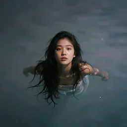 a thin, pretty young Filipino woman with long hair floats in a dreamy world in the distance, her face is shaded, very beautiful, inspiring, dramatic lighting, abstract digital art, trending on artstation
