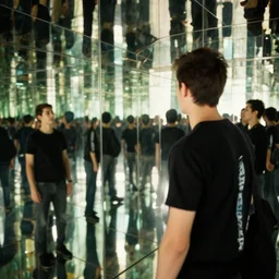 a man looking at dozen of reflections of himself in the mirror