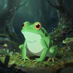 anthro dart frog alchemist in the lichen woods. safe for work, muted complementary colors, anime still, luminescent, 4 k, chiaroscuro, rimlight.