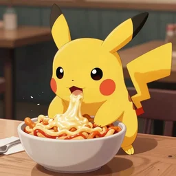 irate pikachu devouring poutine, trending on artstation