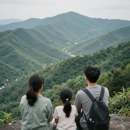 a family looking over a huge cliff and seeing mountains and lush greenery, cinematic, peaceful, hd, shallow depth of field