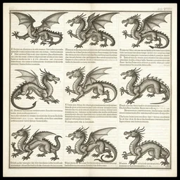 scan of XVI century encyclopedia diagram presenting different dragon types, with informative text and diagrams