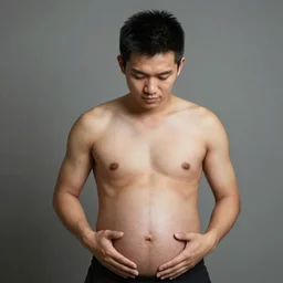 A young Singaporean man in his 20s shirtless with a big pregnant belly rubbing his belly, photographed by Steve McCurry