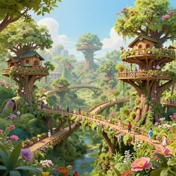 a beautiful nature civilization, fancy, flowers, bridges, nature city, people, tree houses, trending on artstation, behance, deviantart