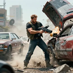 powerful man lifts and smashes cars, high definition movie, photorealistic detail, futuristic production, adventure movie, 8 k
