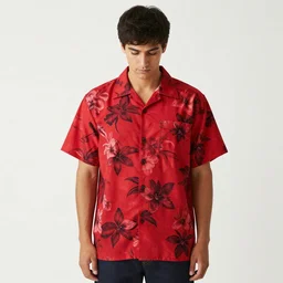 red aloha shirt, with dark flowers, photograph, modeling