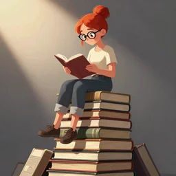 a young woman with red hair in a bun and glasses sits on top of a tall pile of books. she is reading. clean pretty cartoon painting, cel shaded, beautiful detailed face.
