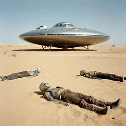 alien bodies laying on the desert ground. a crashed ufo on the desert ground. 1940s photograph.