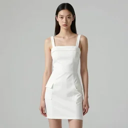 a portrait of a model detailed features wearing a cargo wedding dress - sporty, sleek, tech utility - chic trend. lots of zippers, pockets, synthetic materials, jumpsuits chic'techno fashion trend by issey miyake and balenciaga