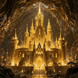 a mighty, golden fantasy castle city embedded in a huge cave