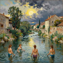 women bathing in river that is running through an old city. storm clouds and sun. colourful detailed painting by paul elie ranson