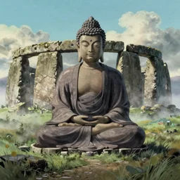 movie still from studio ghibli movie showing a highly detailed landscape with a giant long haired buddha in lotus position with stonehenge in the background. 1 9 8 0 s science fiction, 1 9 7 0 s science fiction, cyberpunk, misty, depth perception, 4 k