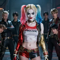 a portrait of Harley Quinn as a succubus fully clothed by Greg Rutkowski, Sung Choi, Mitchell Mohrhauser, Maciej Kuciara, Johnson Ting, Maxim Verehin, Peter Konig, final fantasy , mythical, 8k photorealistic, cinematic lighting, HD, high details, atmospheric,