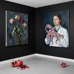 empty room with black walls, a portrait of a female pathologist holding an octopus, wilted flowers, pomegranate, squashed berries, neo - expressionism, surrealism, acrylic and spray paint and oilstick on canvas
