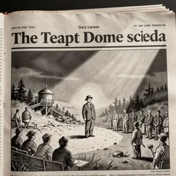 a political newspaper cartoon by Gary Larson representing the Teapot Dome scandal, linework, surreal, stylized.