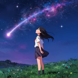 Anime key visual of a brunette girl standing on a meadow looking up to the sky full of colorful stars and galaxies and a glowing comet, trending on artstation, kimi no na wa