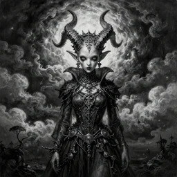 By Tom Bagshaw, ultra realist soft painting of zynoid curiosities by night, very beautiful horned single dollpunk gothic fully dressed, symmetry accurate features, very intricate details, ominous sky, black and white, volumetric light clouds