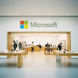 photograph of the interior of a Microsoft  flagship store in the style of Wes Anderson, architecture magazine, dezeen, 50mm, pentax, film