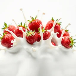 strawberries in motion, thick white milk splashes, advertising photo, highspeed photo, studio lighting