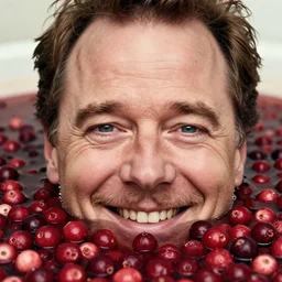 closeup portrait of bryan cranston happy face submerged in cranberries, food photography, natural light, sharp, detailed face, magazine, press, photo, steve mccurry, david lazar, canon, nikon, focus