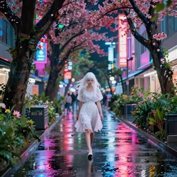 white haired girl walking in a vibrant flooded tokyo at night, rainy day, neon lights lots of trees, dense vegetation,,, volumetric lighting, exposure ambient lighting, blooming flowers,, cinematic, subtle, vibrant colors, photo,