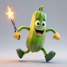 highly detailed 3 d render of a raging zucchini character, burning scissors, running down a dirt road, scared tomates scattered everywhere, high speed action, explosions, dramatic scene, hyper realistic octane render, cinematic lighting, tomato splatter, deviantart, black sky, lowbrow, surrealism, frame from pixar movie