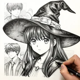 portrait of little anime girl wearing witch hat, pen and ink, intricate line drawings, by craig mullins, ruan jia, kentaro miura, greg rutkowski, loundraw