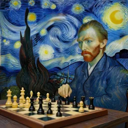 an artificial intelligence playing chess, painted in the style of van gogh, medieval church, night, stars n - 5