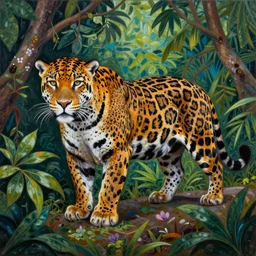 a velvet painting of a colorful jaguar in a jungle by edgar leeteg