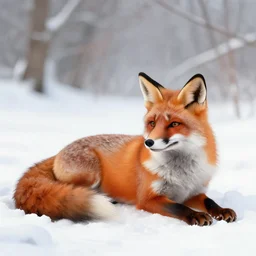 a beautiful fox lying in snow, illustration by greg rutkowski, thomas kindkade, alphonse mucha, loish, norman rockwell