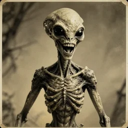 crooked teeth, completely black eyes, gaping mouth, alien looking, skull like, big forehead, horrifying, killer, creepy, dead, monster, tall, incredibly skinny, open mouth, deathly, old photo, turning yellow, photorealistic