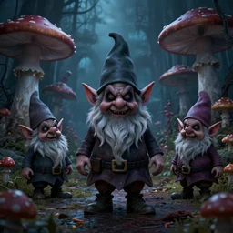 a portrait of a scary evil nightmare gnomes in a poison mushroom village, highly detailed, digital photo, hdri, by christopher bretz and john carpenter, vivid colors, high contrast, 8 k resolution, intricate, photorealistic, smooth, psychedelic color scheme, concept art, award winning, cg society contest winner