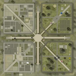 cs : go minimap, layout of map, 2 character spawn locations on opposite sides of map, 2 objective sites, items fir characters to hide behind on objective sites, walkways that connect spawns and objective sites, overhead view of map, wireframe design of map