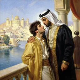 attractive arab king confesses that is in love with his attractive male prince, in balcony of palace, above a river. highly detailed painting by gaston bussiere, craig mullins, j. c. leyendecker
