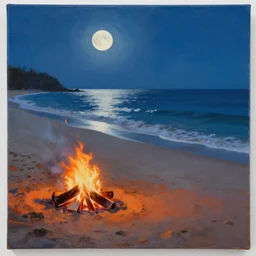 Campfire on the beach, Moonlit ocean, Secluded beach, Painting