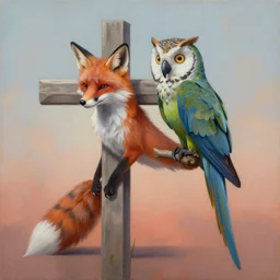 painting of cross between fox & parrot & owl, intercrossed animal, by zdzislaw beksinski, by tiffany bozic, cold hue's, warm tone gradient background, concept art, beautiful composition, digital painting,