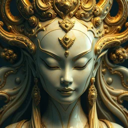 psychadelic goddess made of golden marble, beautiful face, naraka buddhist demon korean female, highly detailed, symmetrical long head, smooth marble surfaces, detailed ink illustration, raiden metal gear, cinematic smooth stone, deep aesthetic, concept art, post process, 4 k, carved marble texture and silk cloth, latex skin, highly ornate intricate details, in the style of 8 8 grzes