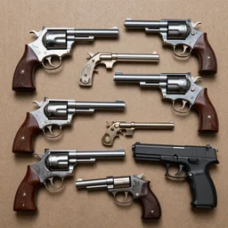 a knolling of pistols, revolvers, lugers, derringers, glocks, top down view, flatlay