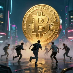 people running away scared from a giant with bitcoin head, cinematic, cyberpunk art, hyper realistic, 8k