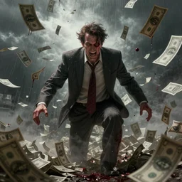 Corporate greed personified evil money raining, obsession, bloody, digital painting, artstation