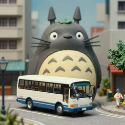 beautiful hyperrealism three point perspective film still of cat bus in driveway bauhaus hotel scene  in Totoro meets lloyd wright(1988) extreme closeup portrait in style of 1990s frontiers in translucent porclein miniature street photography seinen manga fashion edition, miniature porcelain model, focus on face, eye contact, tilt shift style scene background, soft lighting, Kodak Portra 400, cinematic style, telephoto