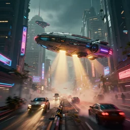 a 3 d rendered in unreal engine guatemalan cyberpunk city with flying spaceships with neon ads and signs with evocative dramatic mood with blade runner vibe with cars and floating vehicles with motion blur with depth of field with bloom with lightshaft with volumetric lights, fog, by jeremy mann, oscar winning graphics, photo realistic, bloom, imax, dynamic lighting, artstation,
