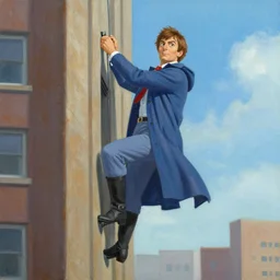 oli painting of Seventh Doctor climbing a tall building