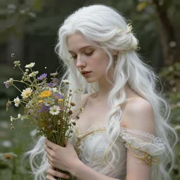 highly detailed ilustration of a beautiful white haired woman as a princess in a garden holding a bunch of wild flowers, thin gold tendrils, deep focus, d & d, fantasy, intricate, elegant, highly detailed, digital painting, artstation, concept art, matte, sharp focus, illustration, hearthstone, art by artgerm and marco mazzoni and alphonse mucha