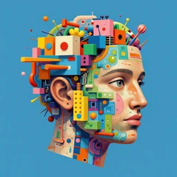 a psychedelic image of a hypercomplex floating head made out of blocks by lisa frank and greg hildebrandt, mark brooks, beksinski, takato yamamoto