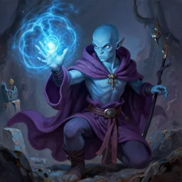 a young bald blue skinned wizard casting a powerful spell, painted by Greg Rutkowski, trending on ArtStation