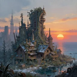 a beautiful very detailed illustration of abandoned nature architecture city cottage by henri rousseau, tokyo sunset sea dieselpunk wilderness at winter alien azeroth postcyberpunk landscape retro apocalyptic gem matte painting otherworldly scumm bar nature vice city water elysian morning sun, archdaily, wallpaper, highly detailed, trending on artstation.