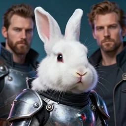 white lionhead dwarf bunny rabbit as a cyberpunk knight, closeup portrait art by norman rockwell and donato giancola and greg rutkowski