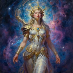 goddess of jupiter metaverse made of ancient magic technology, galactic nebular astral realm sacred journey in oil painting, trending on artstation, award winning, emotional vibrant, highly detailed surrealist art